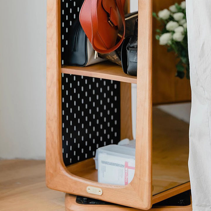 Contemporary Nordic Cherry Wood Aluminum Plywood Square Display Rack 5-Tier Swivel Full-Length Mirror Side Pegboard Storage For Living Room