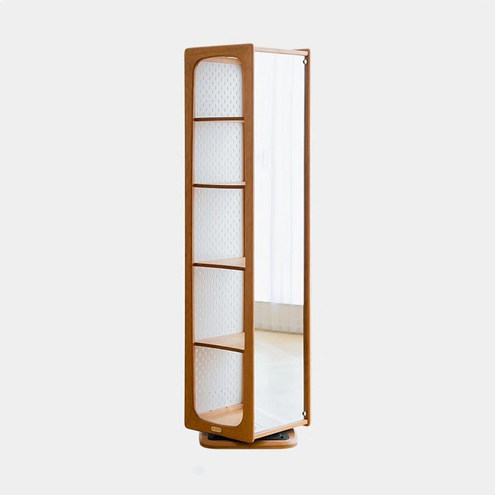 Zeitgenössisches nordisches Kirschholz-Eisen-Quadrat-Display-Regal 5-stufiger drehbarer Ganzkörperspiegel-Seiten-Pegboard-Speicher für Wohnzimmer 
