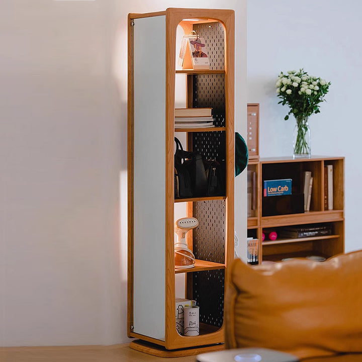 Zeitgenössisches nordisches Kirschholz-Eisen-Quadrat-Display-Regal 5-stufiger drehbarer Ganzkörperspiegel-Seiten-Pegboard-Speicher für Wohnzimmer 