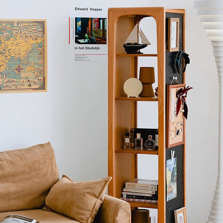 Contemporary Nordic Cherry Wood Aluminum Plywood Square Display Rack 5-Tier Swivel Full-Length Mirror Side Pegboard Storage For Living Room