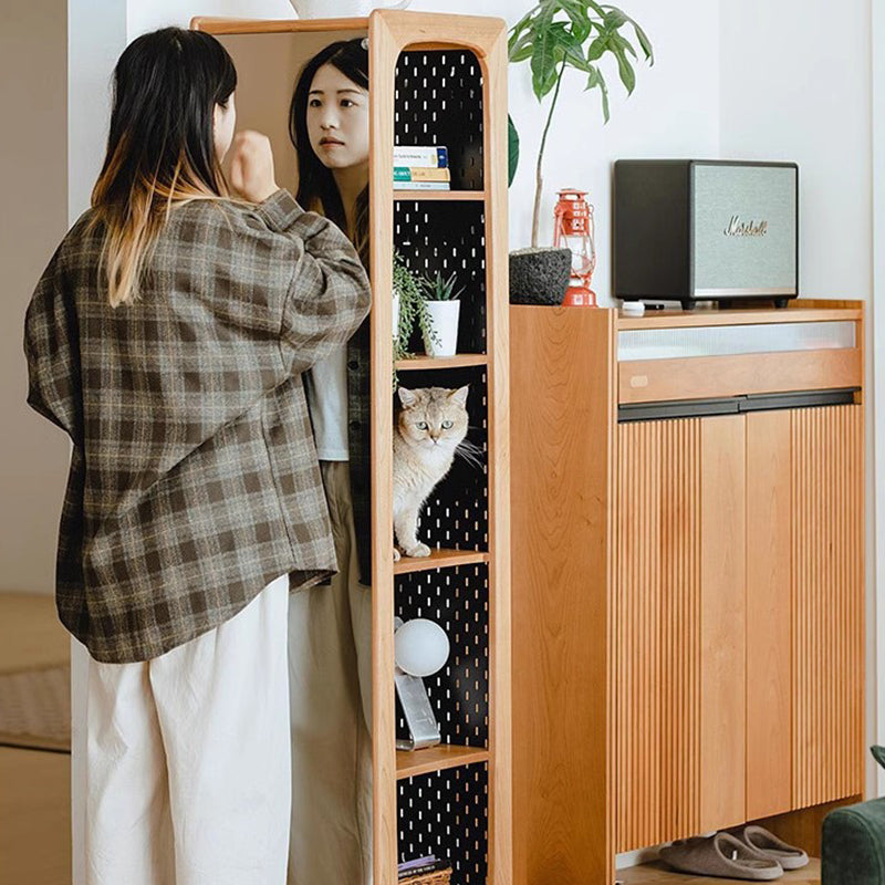 Contemporary Nordic Cherry Wood Aluminum Plywood Square Display Rack 5-Tier Swivel Full-Length Mirror Side Pegboard Storage For Living Room