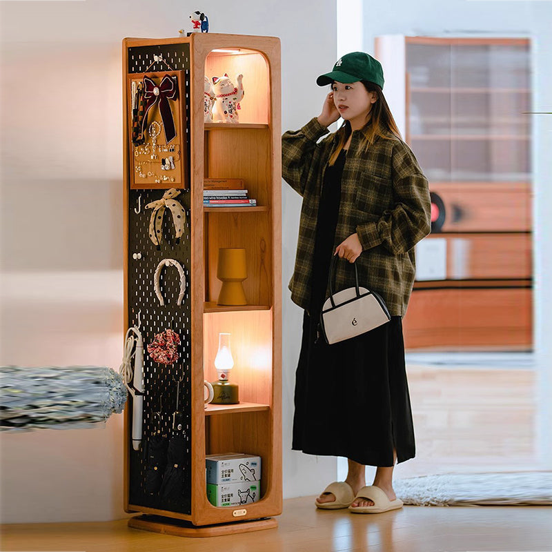 Contemporary Nordic Cherry Wood Aluminum Plywood Square Display Rack 5-Tier Swivel Full-Length Mirror Side Pegboard Storage For Living Room