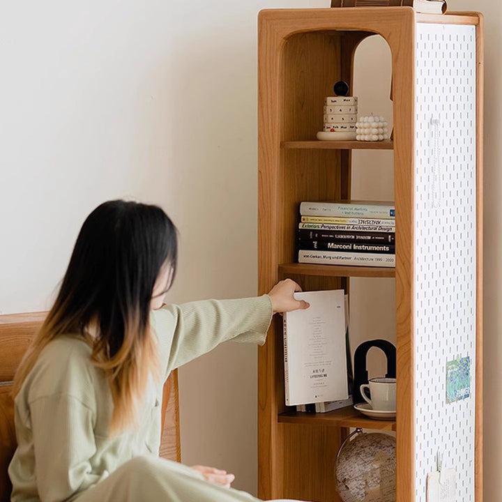 Contemporary Nordic Cherry Wood Aluminum Plywood Square Display Rack 5-Tier Swivel Full-Length Mirror Side Pegboard Storage For Living Room