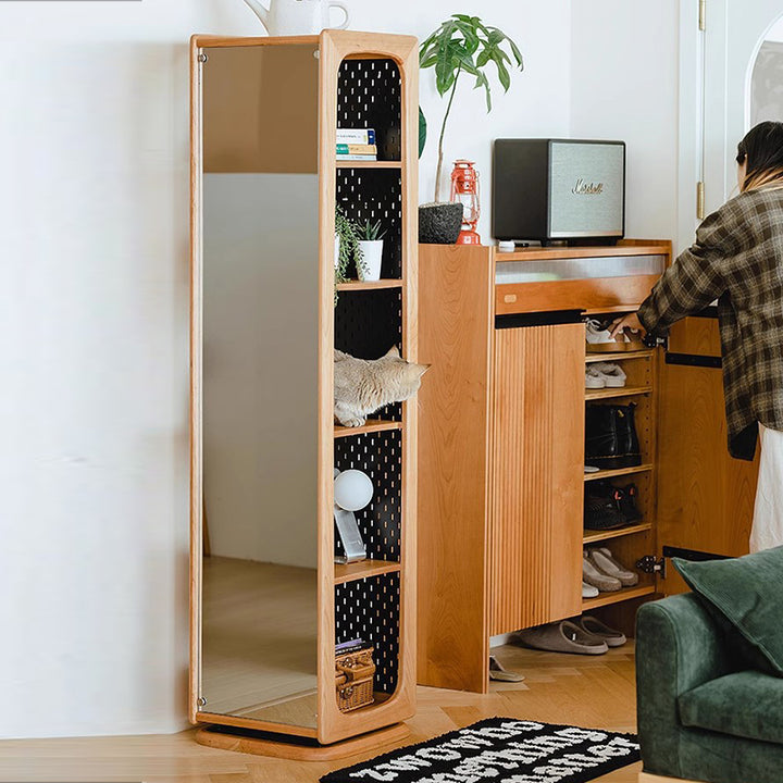 Zeitgenössisches nordisches Kirschholz-Eisen-Quadrat-Display-Regal 5-stufiger drehbarer Ganzkörperspiegel-Seiten-Pegboard-Speicher für Wohnzimmer 