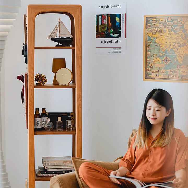 Contemporary Nordic Cherry Wood Aluminum Plywood Square Display Rack 5-Tier Swivel Full-Length Mirror Side Pegboard Storage For Living Room