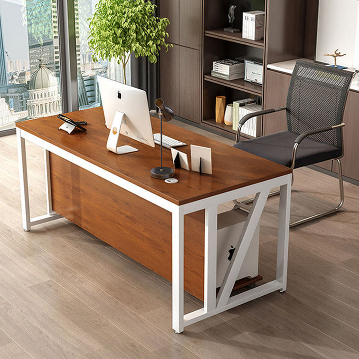 Moderner minimalistischer rechteckiger Schreibtisch aus Spanplatte und Eisen mit beweglichem 3-Schubladen-Stauraum für Homeoffice 