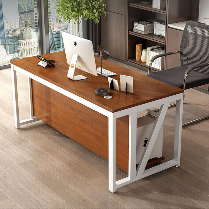 Moderner minimalistischer rechteckiger Schreibtisch aus Spanplatte und Eisen mit beweglichem 3-Schubladen-Stauraum für Homeoffice 