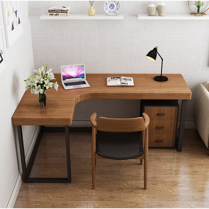 Moderner minimalistischer Schreibtisch- und Stuhlset aus Kiefernholz Massivholz Sperrholz Eisen PU-Leder Weißes Eschenholz L-förmig rechteckig mit 3 Schubladen für Zuhause & Büro 