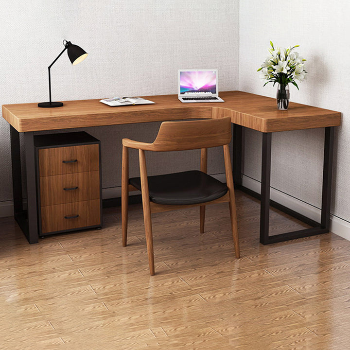 Moderner minimalistischer Schreibtisch- und Stuhlset aus Kiefernholz Massivholz Sperrholz Eisen PU-Leder Weißes Eschenholz L-förmig rechteckig mit 3 Schubladen für Zuhause & Büro 