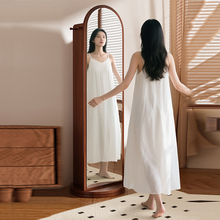 رف كتب مقوس من MDF وزجاج بتصميم عصري بسيط، 5 طبقات، مرآة كاملة الطول، تخزين دوّار لغرفة النوم وغرفة المعيشة 