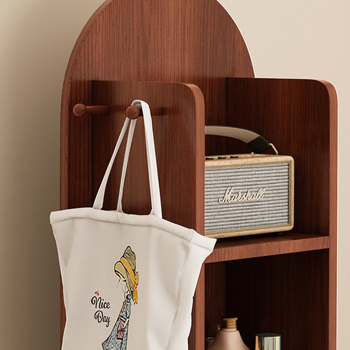 رف كتب مقوس من MDF وزجاج بتصميم عصري بسيط، 5 طبقات، مرآة كاملة الطول، تخزين دوّار لغرفة النوم وغرفة المعيشة 