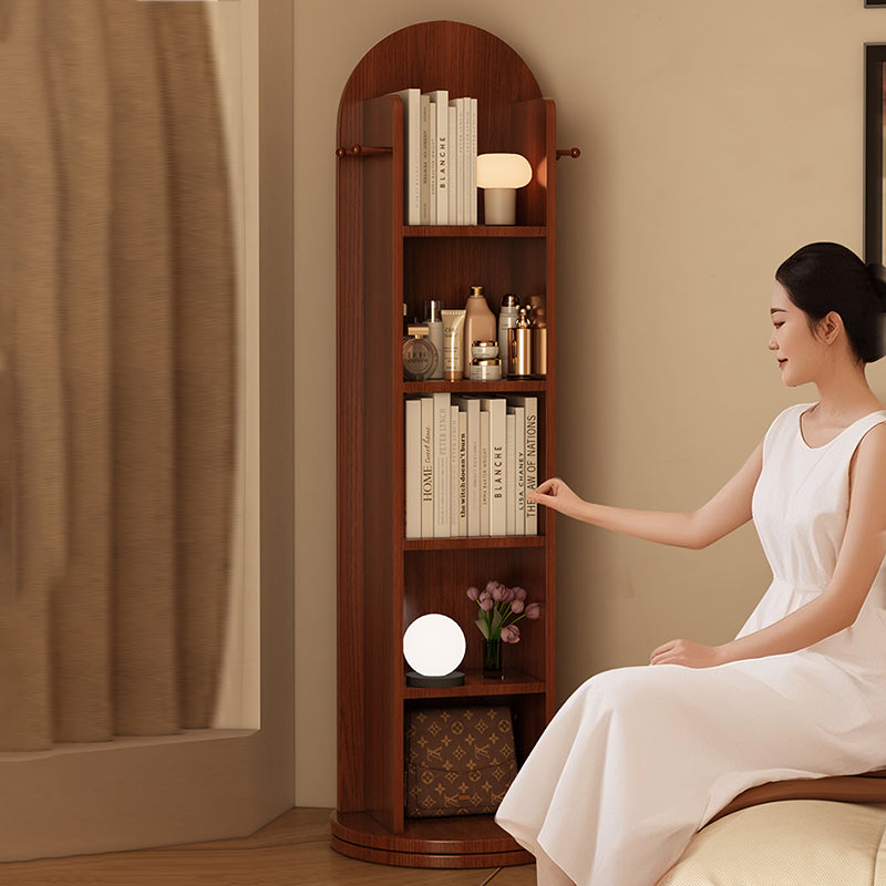 رف كتب مقوس من MDF وزجاج بتصميم عصري بسيط، 5 طبقات، مرآة كاملة الطول، تخزين دوّار لغرفة النوم وغرفة المعيشة 