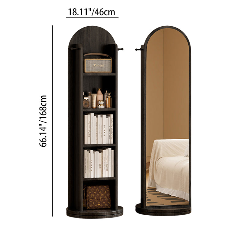 رف كتب مقوس من MDF وزجاج بتصميم عصري بسيط، 5 طبقات، مرآة كاملة الطول، تخزين دوّار لغرفة النوم وغرفة المعيشة 