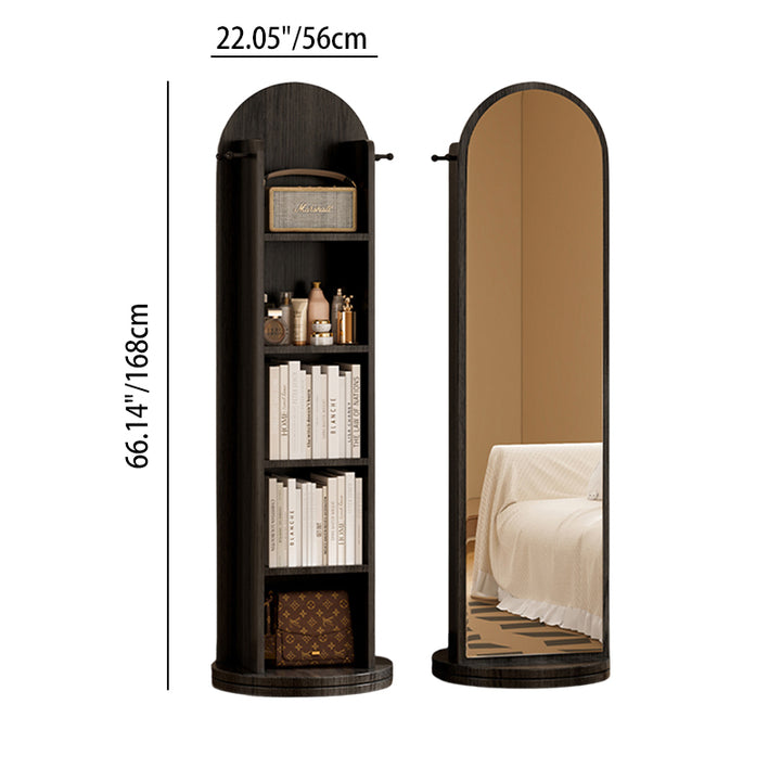 رف كتب مقوس من MDF وزجاج بتصميم عصري بسيط، 5 طبقات، مرآة كاملة الطول، تخزين دوّار لغرفة النوم وغرفة المعيشة 