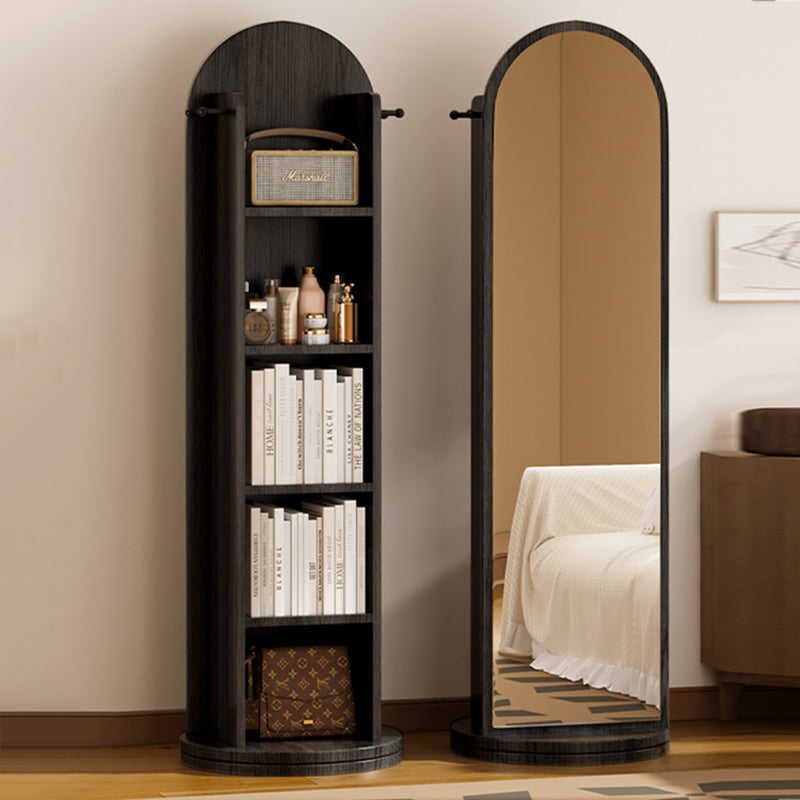 رف كتب مقوس من MDF وزجاج بتصميم عصري بسيط، 5 طبقات، مرآة كاملة الطول، تخزين دوّار لغرفة النوم وغرفة المعيشة 