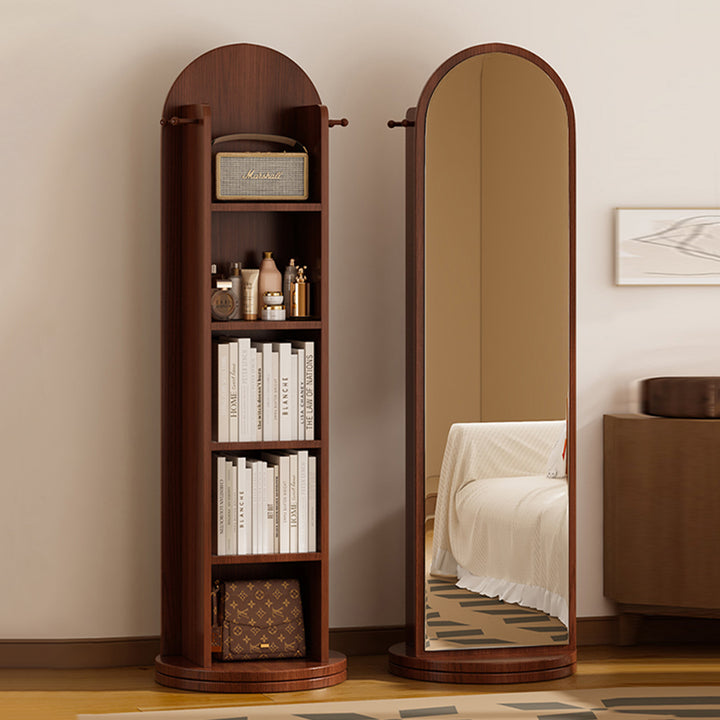 Moderner minimalistischer MDF-Glas-Bogenregal 5-stufiger Ganzkörperspiegel Drehbarer Stauraum für Schlafzimmer & Wohnzimmer 