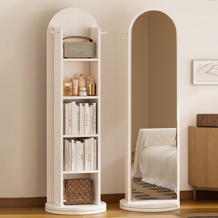 Moderner minimalistischer MDF-Glas-Bogenregal 5-stufiger Ganzkörperspiegel Drehbarer Stauraum für Schlafzimmer & Wohnzimmer 