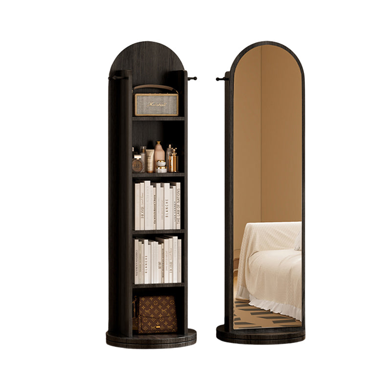 رف كتب مقوس من MDF وزجاج بتصميم عصري بسيط، 5 طبقات، مرآة كاملة الطول، تخزين دوّار لغرفة النوم وغرفة المعيشة 