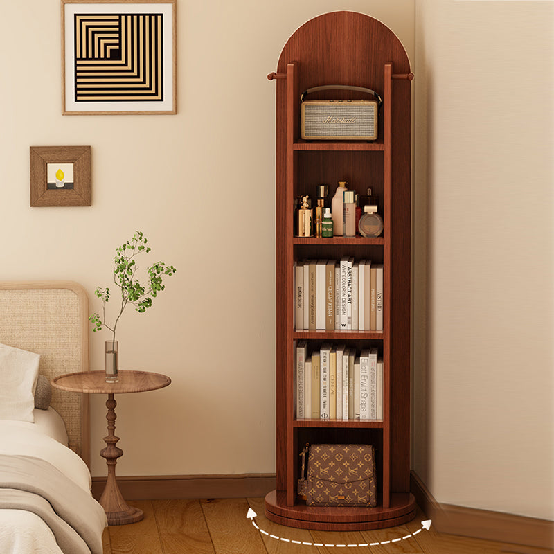 رف كتب مقوس من MDF وزجاج بتصميم عصري بسيط، 5 طبقات، مرآة كاملة الطول، تخزين دوّار لغرفة النوم وغرفة المعيشة 