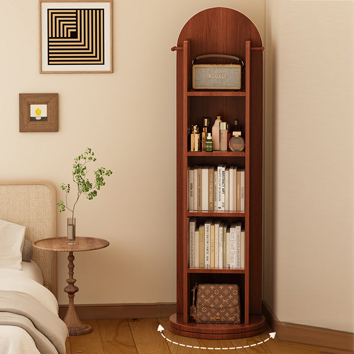 رف كتب مقوس من MDF وزجاج بتصميم عصري بسيط، 5 طبقات، مرآة كاملة الطول، تخزين دوّار لغرفة النوم وغرفة المعيشة 
