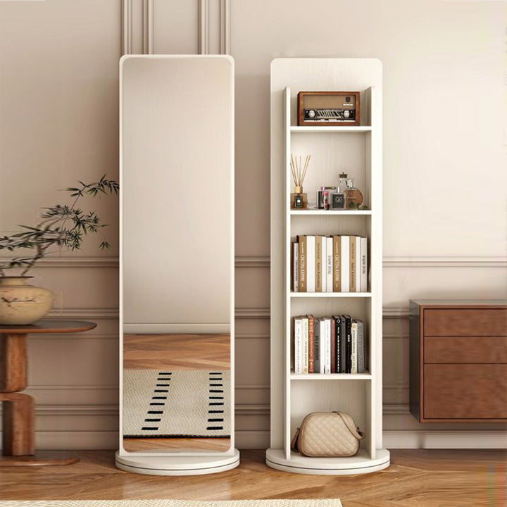 Moderner minimalistischer HDF-Glas rechteckiger drehbarer Bücherregal 5-stufig mit Ganzkörperspiegel drehbarer Stauraum für Schlafzimmer und Wohnzimmer 