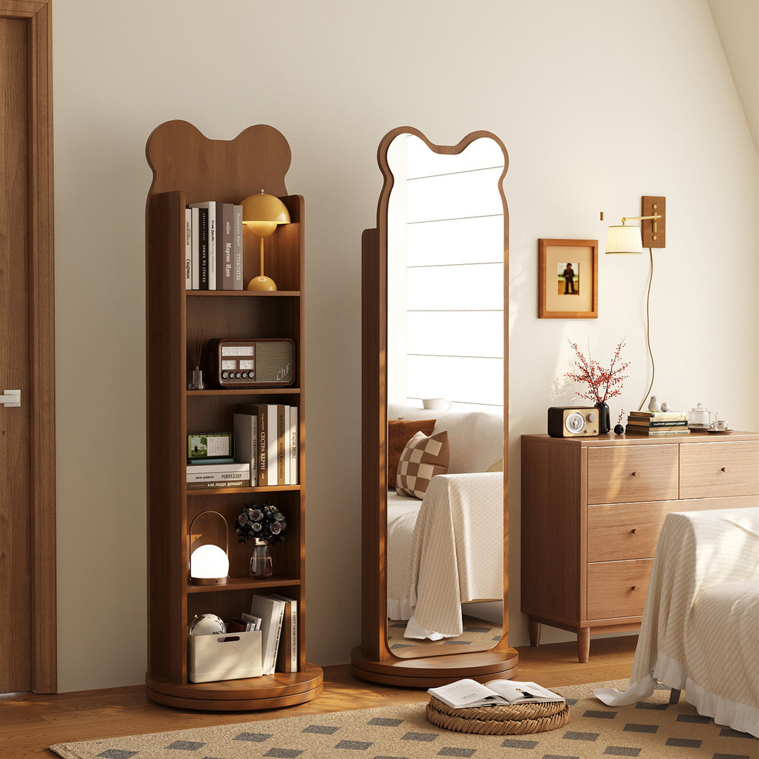 Zeitgenössisches kreatives Spanplatten-Glas Bärenförmiges rechteckiges drehbares Bücherregal 5-stufiger Ganzkörperspiegel Drehbare Aufbewahrung für Schlafzimmer &amp; Wohnzimmer 