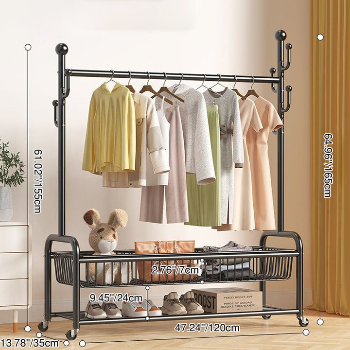 Modern Minimalist Iron Rectangular Hall Tree 2-Tier Movable Shoe Storage Rack For Bedroom &amp; Living Room