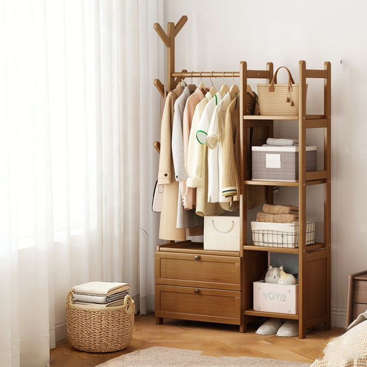 Modern Minimalist Nan Bamboo Rectangular Hall Tree 2-Cabinet Storage Rack For Bedroom &amp; Living Room