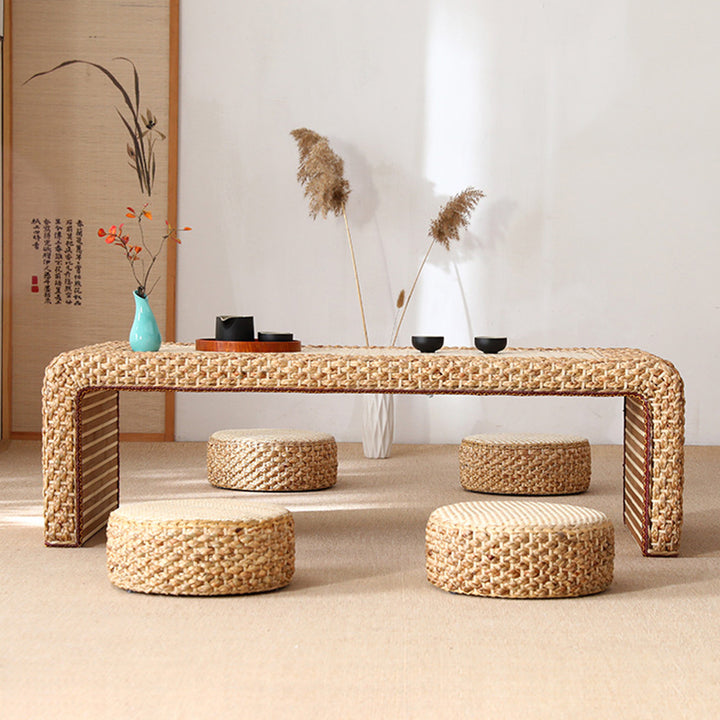 Traditional Japanese Poplar Wood Faux Leather Daffodil Rattan Weaving Rectangular Tatami Coffee Table & Stool Set For Living Room