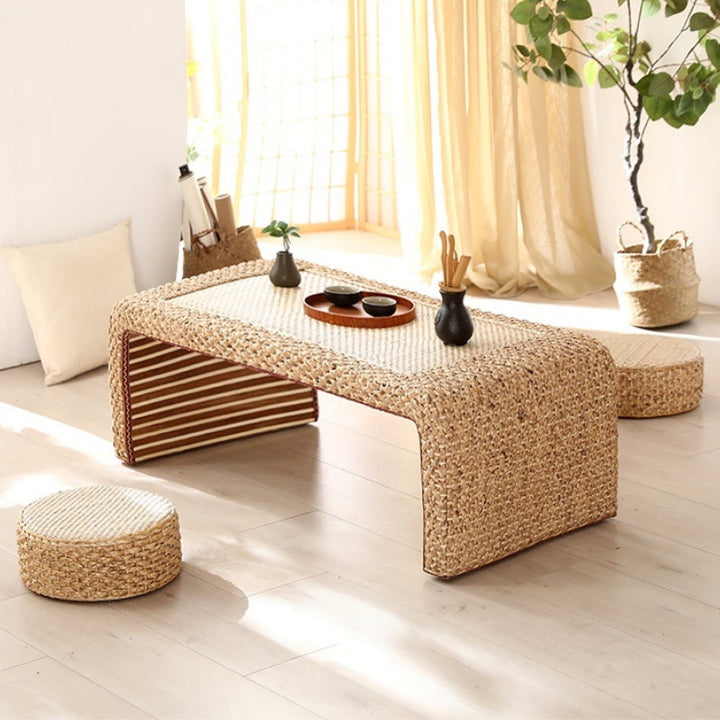 Traditional Japanese Poplar Wood Faux Leather Daffodil Rattan Weaving Rectangular Tatami Coffee Table & Stool Set For Living Room