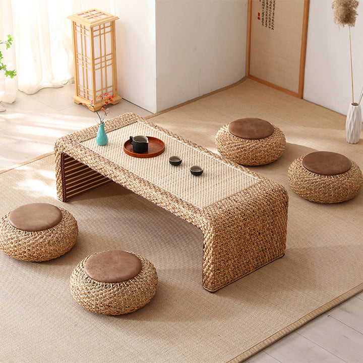 Traditional Japanese Poplar Wood Faux Leather Daffodil Rattan Weaving Rectangular Tatami Coffee Table & Stool Set For Living Room