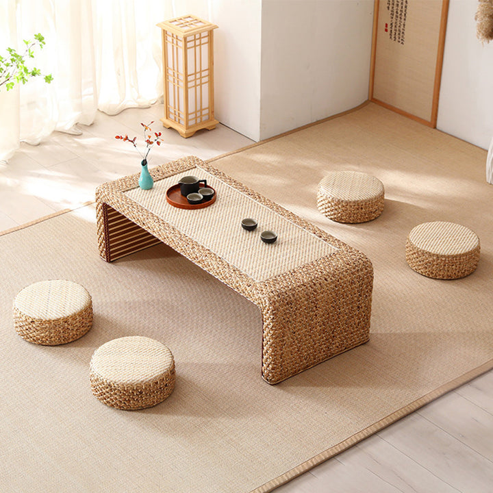 Traditional Japanese Poplar Wood Faux Leather Daffodil Rattan Weaving Rectangular Tatami Coffee Table & Stool Set For Living Room
