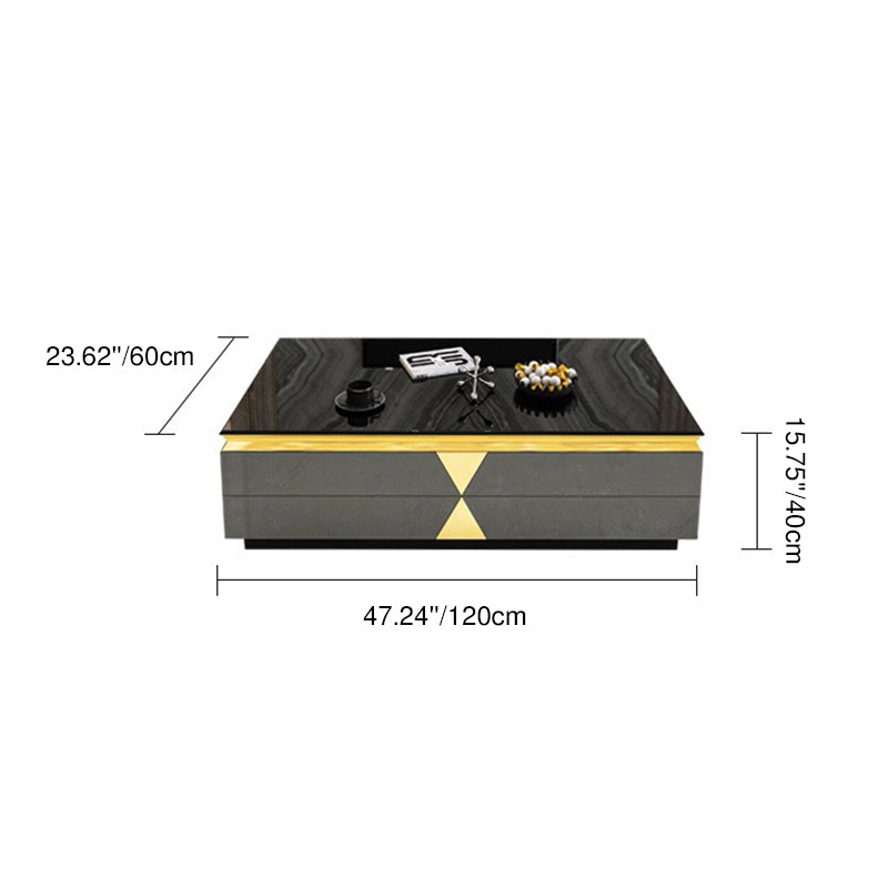 Moderner Luxus Massivholz Steinplatte Metall Rechteckiger Couchtisch mit 4 Schubladen für das Wohnzimmer 