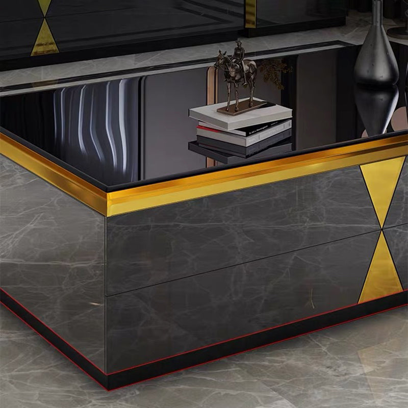 Moderner Luxus Massivholz Steinplatte Metall Rechteckiger Couchtisch mit 4 Schubladen für das Wohnzimmer 