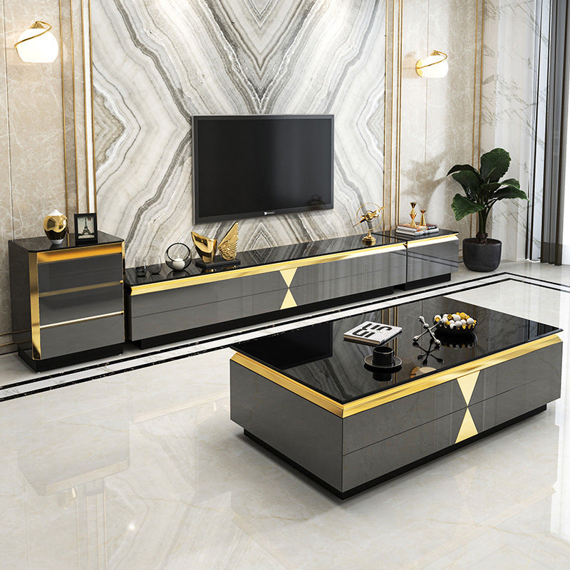 Moderner Luxus Massivholz Steinplatte Metall Rechteckiger Couchtisch mit 4 Schubladen für das Wohnzimmer 