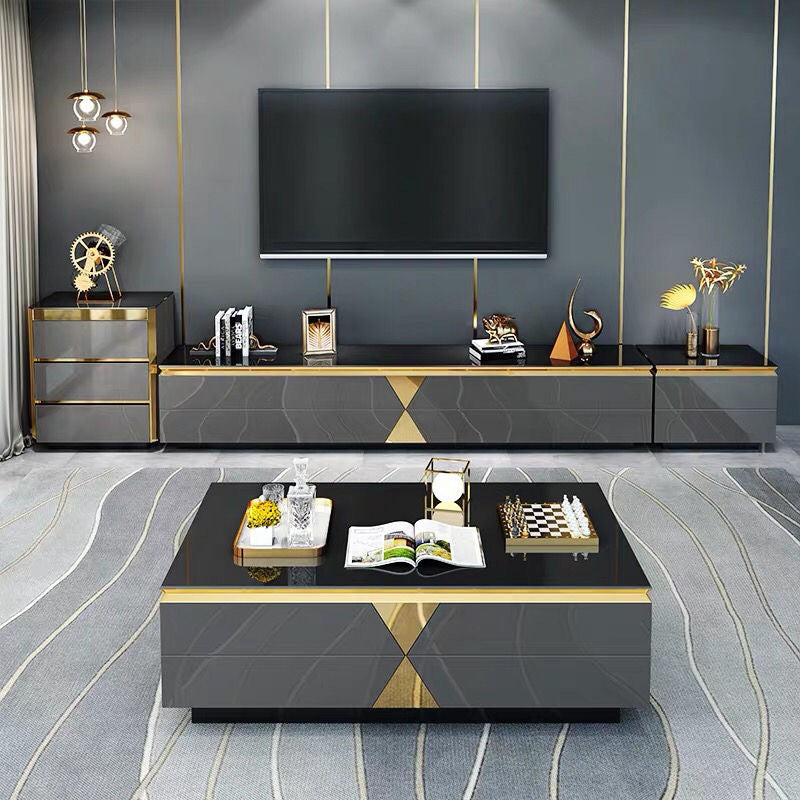 Moderner Luxus Massivholz Steinplatte Metall Rechteckiger Couchtisch mit 4 Schubladen für das Wohnzimmer 