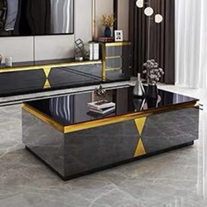 Moderner Luxus Massivholz Steinplatte Metall Rechteckiger Couchtisch mit 4 Schubladen für das Wohnzimmer 