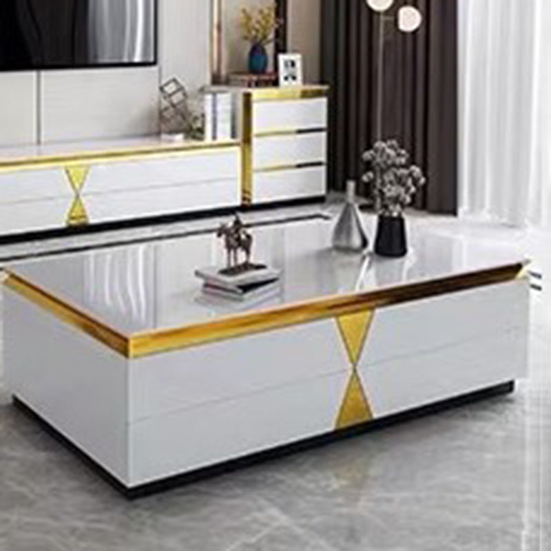 Moderner Luxus Massivholz Steinplatte Metall Rechteckiger Couchtisch mit 4 Schubladen für das Wohnzimmer 