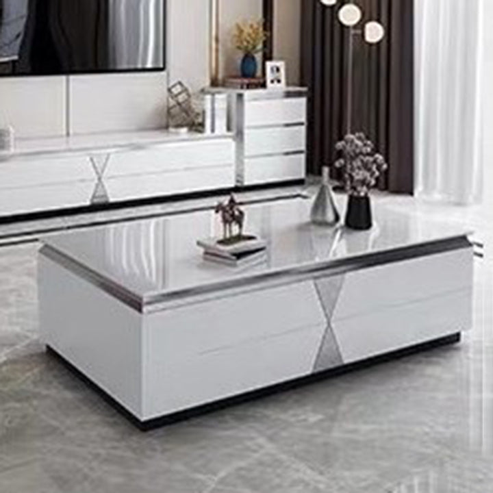 Moderner Luxus Massivholz Steinplatte Metall Rechteckiger Couchtisch mit 4 Schubladen für das Wohnzimmer 