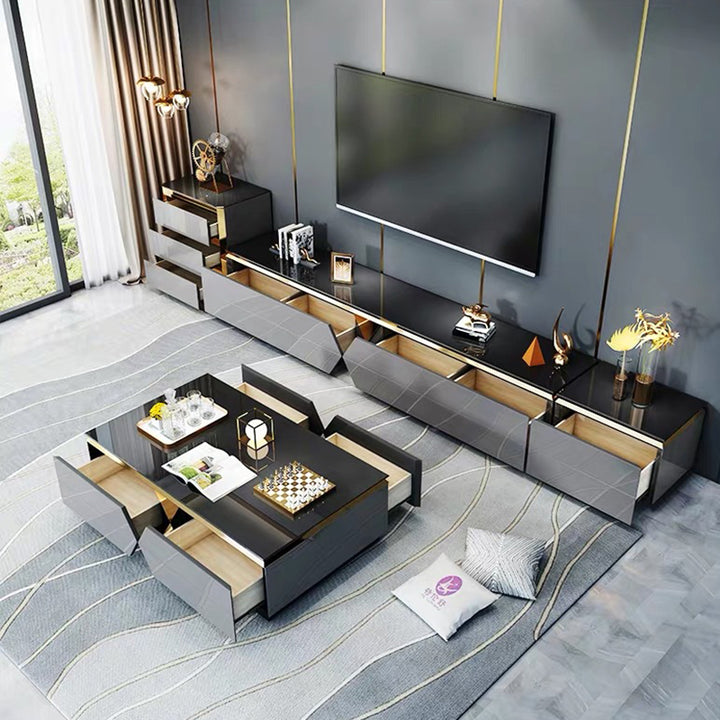 Moderner Luxus Massivholz Steinplatte Metall Rechteckiger Couchtisch mit 4 Schubladen für das Wohnzimmer 