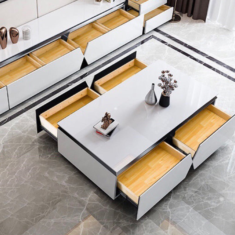 Moderner Luxus Massivholz Steinplatte Metall Rechteckiger Couchtisch mit 4 Schubladen für das Wohnzimmer 