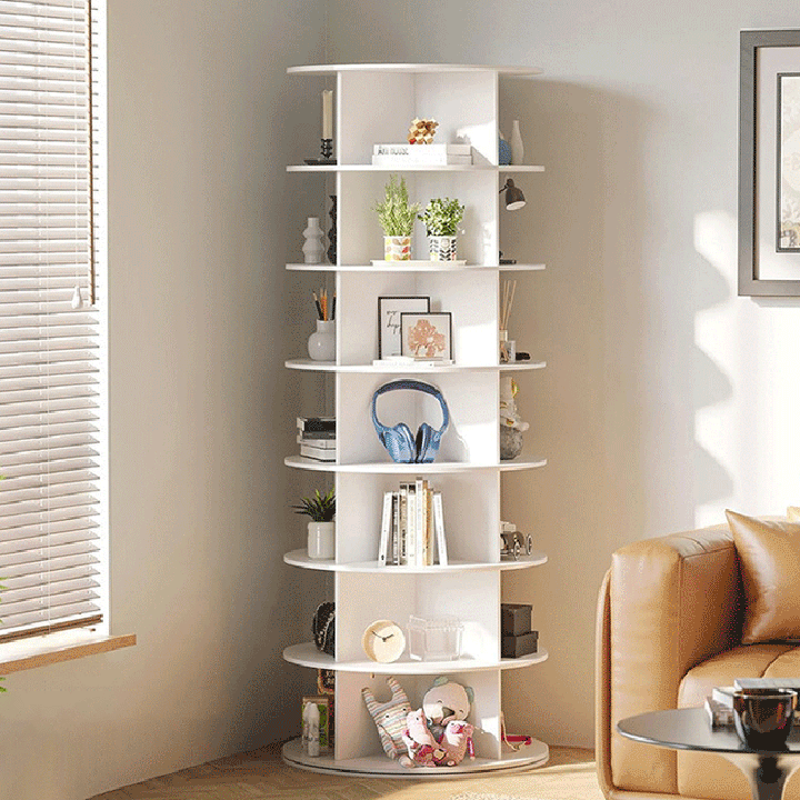 رف عرض دائري حديث بسيط من لوح خشب-بلاستيك PVC، حامل تخزين دوّار بأربعة/خمسة/ستة/سبعة طوابق لغرفة النوم وغرفة المعيشة 