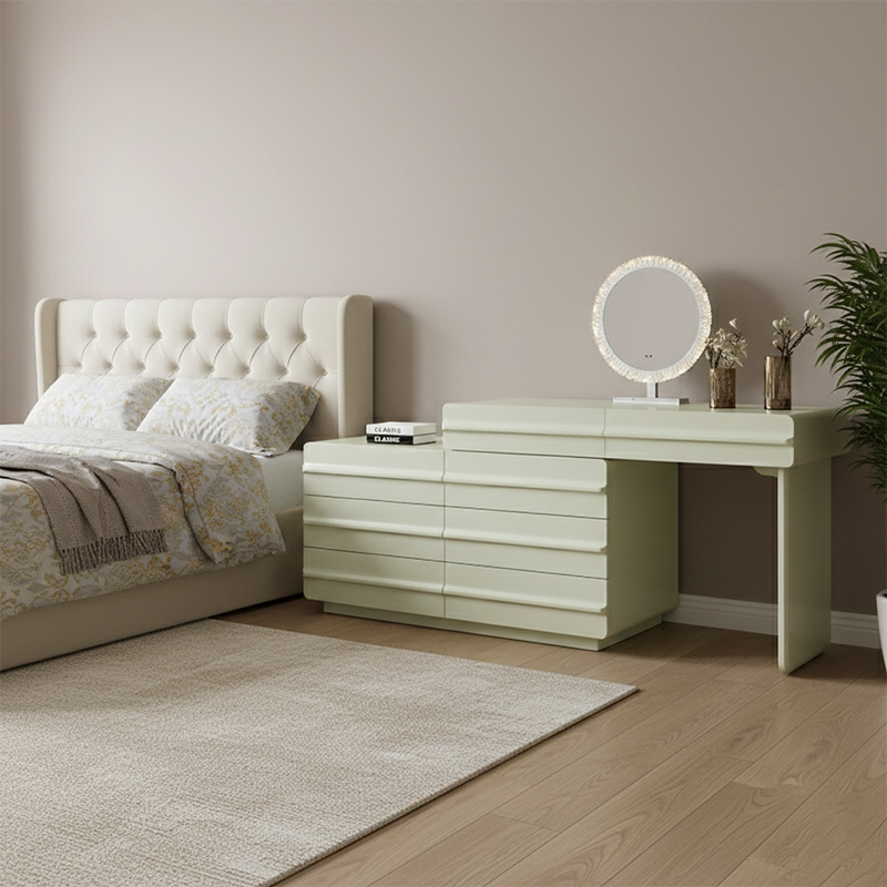 Platzsparender ausziehbarer Schminktisch - Nordisches Matcha-Grün MDF Massivholz Spanplatte 6 Schubladen Design für Schlafzimmer 