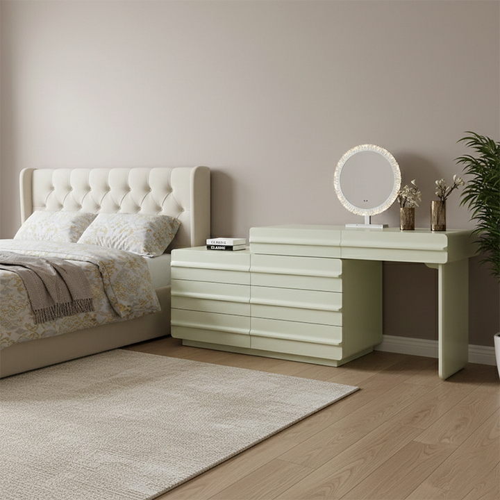 Platzsparender ausziehbarer Schminktisch - Nordisches Matcha-Grün MDF Massivholz Spanplatte 6 Schubladen Design für Schlafzimmer 