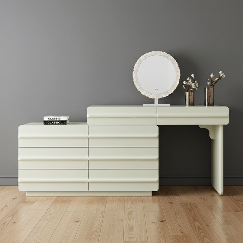 Platzsparender ausziehbarer Schminktisch - Nordisches Matcha-Grün MDF Massivholz Spanplatte 6 Schubladen Design für Schlafzimmer 