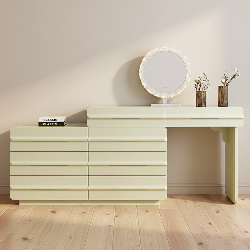 Platzsparender ausziehbarer Schminktisch - Nordisches Matcha-Grün MDF Massivholz Spanplatte 6 Schubladen Design für Schlafzimmer 