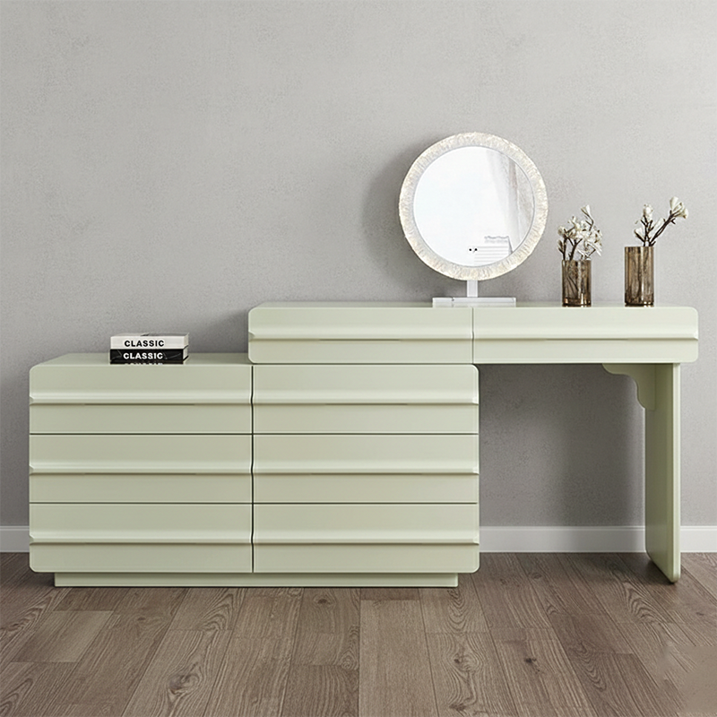 Platzsparender ausziehbarer Schminktisch - Nordisches Matcha-Grün MDF Massivholz Spanplatte 6 Schubladen Design für Schlafzimmer 