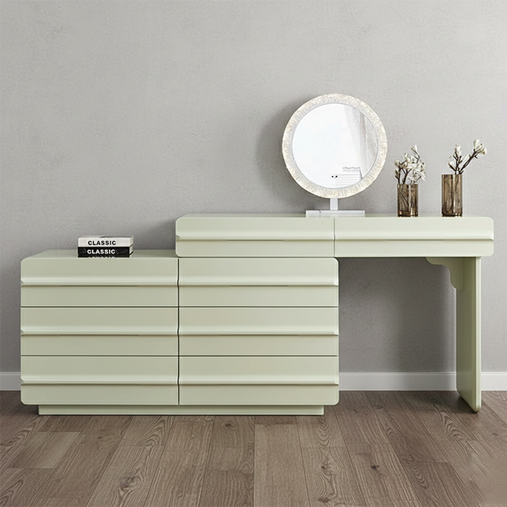 Platzsparender ausziehbarer Schminktisch - Nordisches Matcha-Grün MDF Massivholz Spanplatte 6 Schubladen Design für Schlafzimmer 