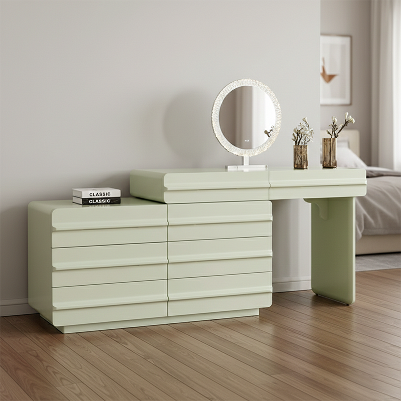Platzsparender ausziehbarer Schminktisch - Nordisches Matcha-Grün MDF Massivholz Spanplatte 6 Schubladen Design für Schlafzimmer 