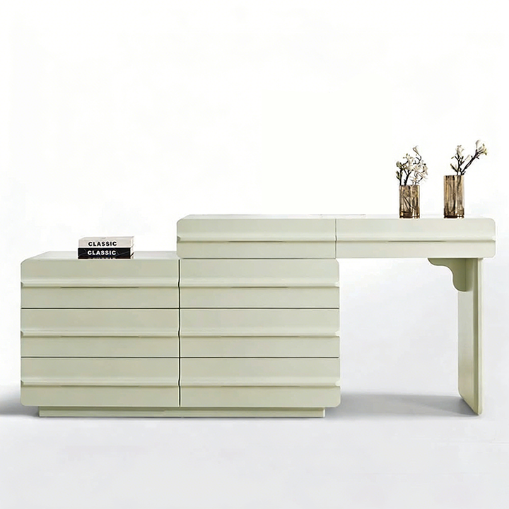 Platzsparender ausziehbarer Schminktisch - Nordisches Matcha-Grün MDF Massivholz Spanplatte 6 Schubladen Design für Schlafzimmer 
